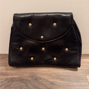Lord & Taylor Clutch Handbag VINTAGE Black‎ Gold Studs Soft Leather Flap over